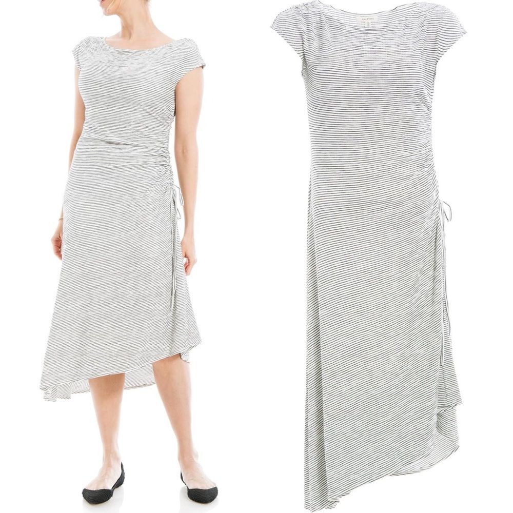 NWT Max Studio Ruched Side Textured Striped Cream & Black Maxi Dress Size Medium